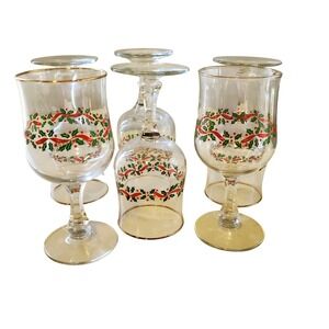 Vintage Christmas Holly Ribbon Gold Rim  Water Goblets Set of 6 Holiday Glass